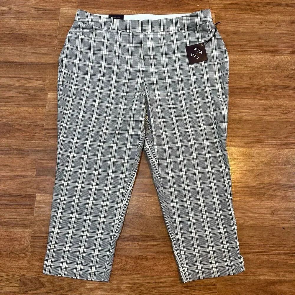 AVA & VIV Plaid Pants Stretch High Rise Fitted Hip & Thigh Black and White | Wom